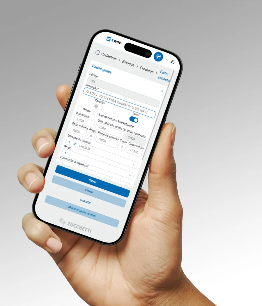 Aplicativo zweb em um celular com o cadastro e controle de estoque de um produto